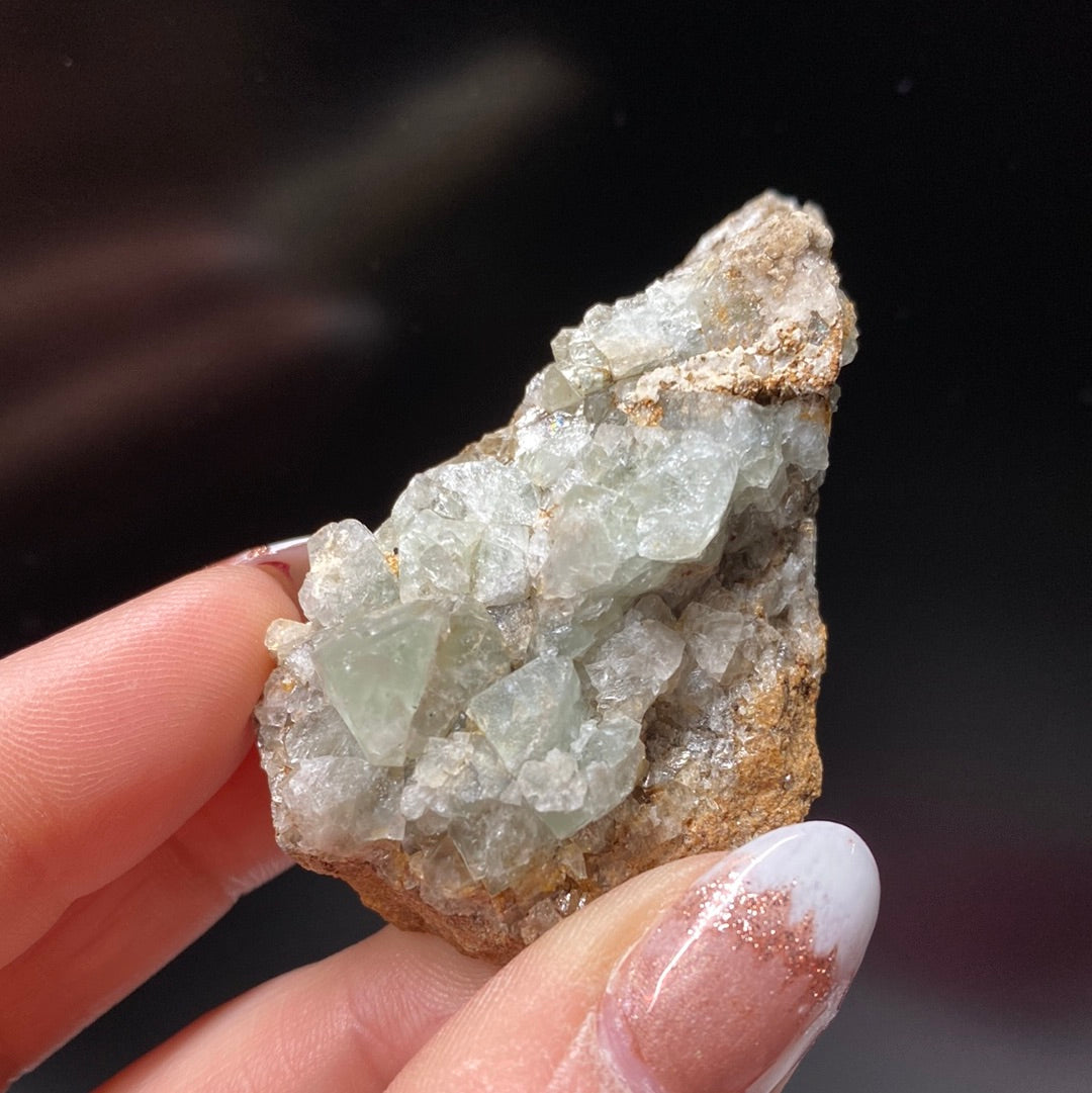 A hand with manicured nails is holding a rough, unpolished mineral specimen from Socorro, New Mexico. The mineral features light blue-green translucent linarite crystals embedded in a tan and brown matrix. The background is a solid black. This exquisite piece is an offering of The Crystalary, featured in their LIVE- Eric.Jazzar - 1/4/24 and 12/28/23 collection.