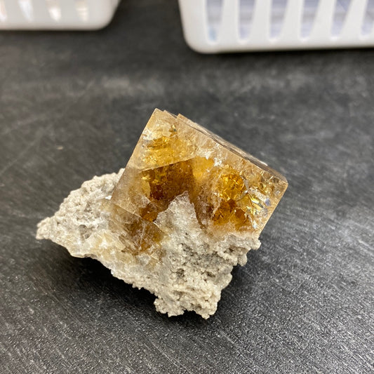 A yellow-brown cubic mineral crystal from The Crystalary is embedded in rough, grayish-white rock. Centered on a dark, slightly textured surface, the transparent mineral reveals its internal structure. In the background, white containers of LIVE- It’s just juice- 5/11/24 add contrast to the scene.