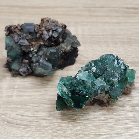 Two LIVE-Jamesslater-6/6/24 green fluorite crystal clusters from The Crystalary, reminiscent of a Graeber Jones find, rest on a light wooden surface. The cubic crystals feature dark green sections and are attached to an earthy brown matrix material.