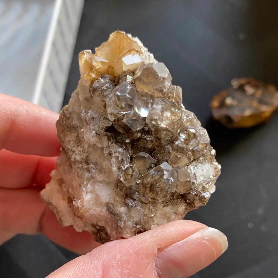 A detailed shot of a hand showcasing a cluster of quartz crystals, labeled LIVE- janisjoplin96boo- Oct 27 by The Crystalary, sourced from the 79 Mine. These clear crystals with brownish inclusions are set on a rough, white matrix. Another similar crystal cluster is softly blurred in the background.