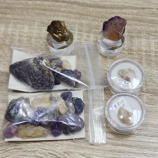 A collection of assorted minerals and gemstones from The Crystalary's LIVE- KarenWebdellRogala- 6/6/24 line displayed on a wooden surface. The items are grouped in plastic bags and small containers, some labeled with prices. Notable specimens include amethyst clusters, a rough purple crystal from Cave-In-Rock, and various multicolored stones.