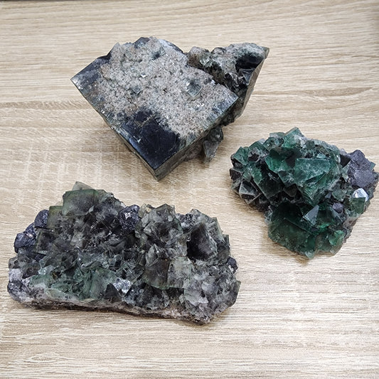 Three distinct specimens of green and purple fluorite crystals from The Crystalary's LIVE- Karenwebdellrogala- 8/16/2024 collection rest on a wooden surface. Each cluster features sharp, geometric formations showcasing a combination of translucent and opaque textures, reminiscent of the Northern Lights, highlighting the intricate mineral structure.