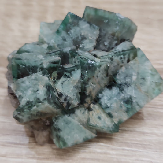 A close-up image of The Crystalary's LIVE- Lena_Crystals- 6/6/24 green fluorite mineral specimen. This pocket fluorite features sharp, angular crystal formations with a bluish-green hue and some transparency. The crystals rest on a light brown, slightly textured surface.