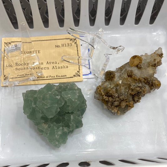 Two mineral specimens are displayed in a white basket. The left specimen is green fluorite, while the right one is a grayish stone with brown-gold formations. A label above the green specimen reads "Fluorite, River Catcher, Rocky Pass Area, Southeastern Alaska" with other details. This setup features minerals from The Crystalary's LIVE-mandyfitz-5/10/24 collection.