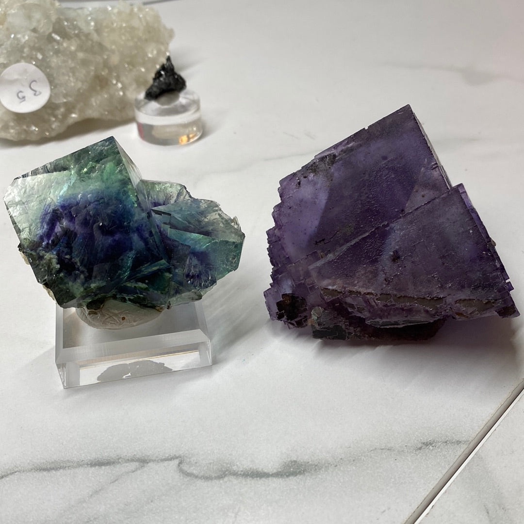 Two large mineral specimens rest on a white surface. The specimen on the left is a multi-colored fluorite with shades of green and blue displayed on a clear stand. The specimen on the right, known as LIVE- sinfulilblonde- 3/21/24 from The Crystalary, resembles Crystal Victory from Yindu and is a deep purple cubic fluorite. A few smaller crystals are in the background.