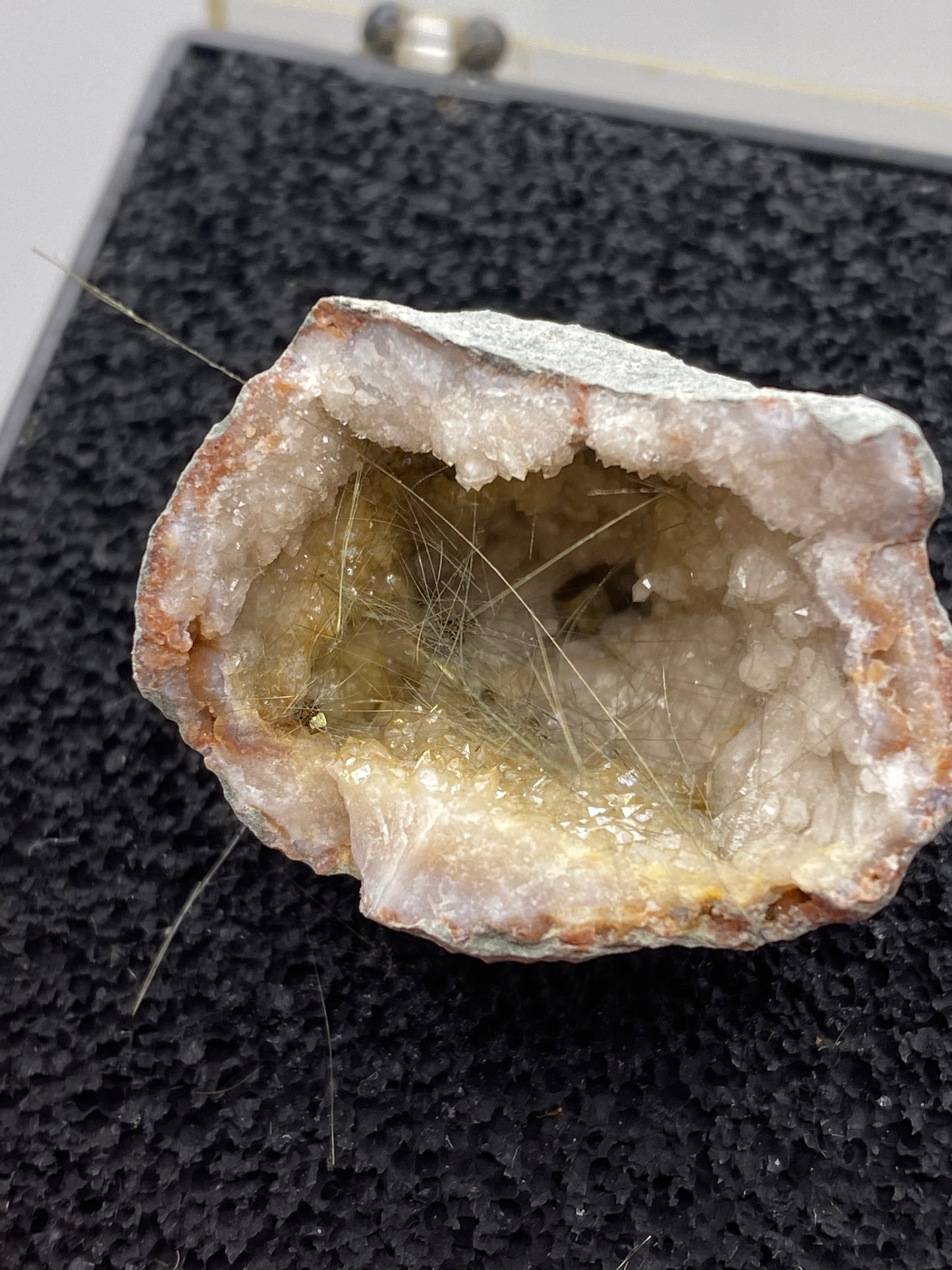 A geode split in half, revealing its crystalline inner cavity. The interior is lined with white and clear crystals, and several thin, needle-like mineral formations are visible. The Millerite from Halls Gap, Lincoln County, Kentucky by The Crystalary boasts a nickel-rich matrix and is displayed on a black textured surface.