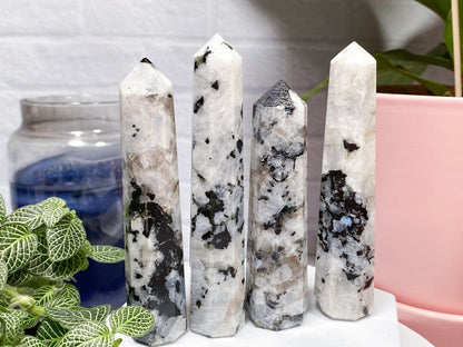 Four Moonstone Crystal Points from The Crystalary stand upright on a white surface. They feature a white base with black and gray speckled patterns. In the background, a candle and a green-leafed plant can be seen, partially obscured by a pink pot. Each obelisk, reminiscent of an 8-sided point, feels intuitively chosen.