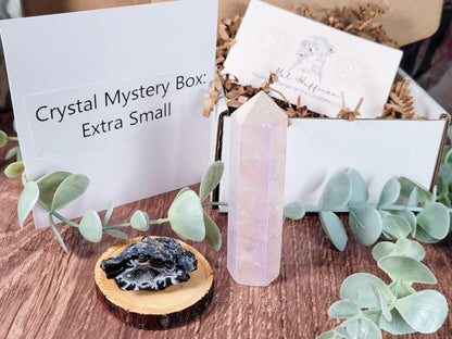 A wooden table features The Crystalary's Mystery Crystal Box—Extremely High Quality, encircled by eucalyptus leaves. Positioned in front of the box is a tall, pointed polished crystal and a small, dark textured stone resting on a wooden slice. A white card next to the box reads "Crystal Mystery Box: Extra Small".