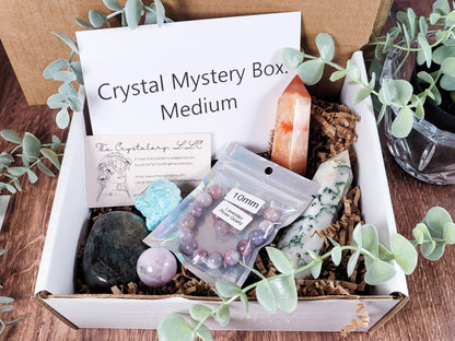 A medium-sized Mystery Crystal Box by The Crystalary is open, revealing its extremely high-quality contents: various stones, a beaded bracelet, a polished crystal point, and a card with business information. The box is adorned with green foliage and wood shavings, enhancing its natural theme.