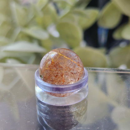 A round and transparent 13mm Rutile Quartz mini sphere from The Crystalary, characterized by its striking reddish-brown rutile inclusions, gracefully rests on a clear acrylic stand. The softly blurred background with green leaves accentuates the polished crystal as the main focal point of the image.