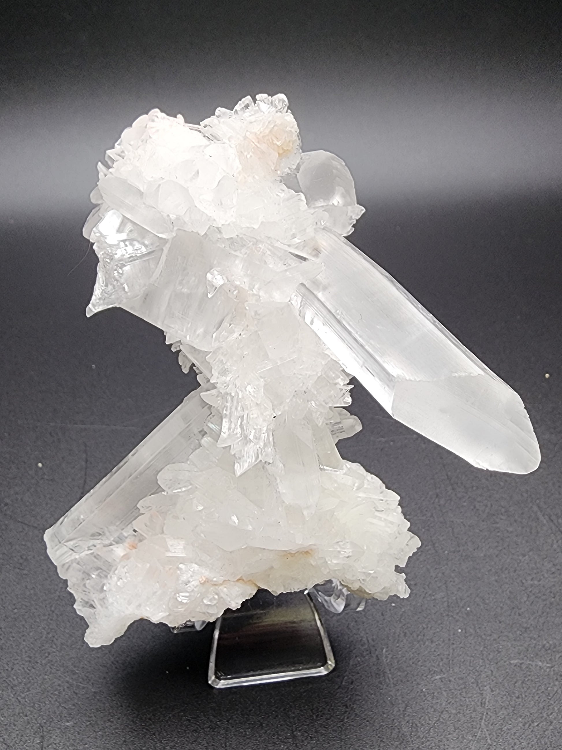 A cluster of selenite crystals from the Naica Mine, featuring a large, prominent central crystal surrounded by smaller, jagged formations radiating outward. Reminiscent of the treasures found in Naica, Saucillo Municipality, Chihuahua, Mexico, this exquisite piece from The Crystalary is displayed against a dark background to enhance its transparency and angular features.