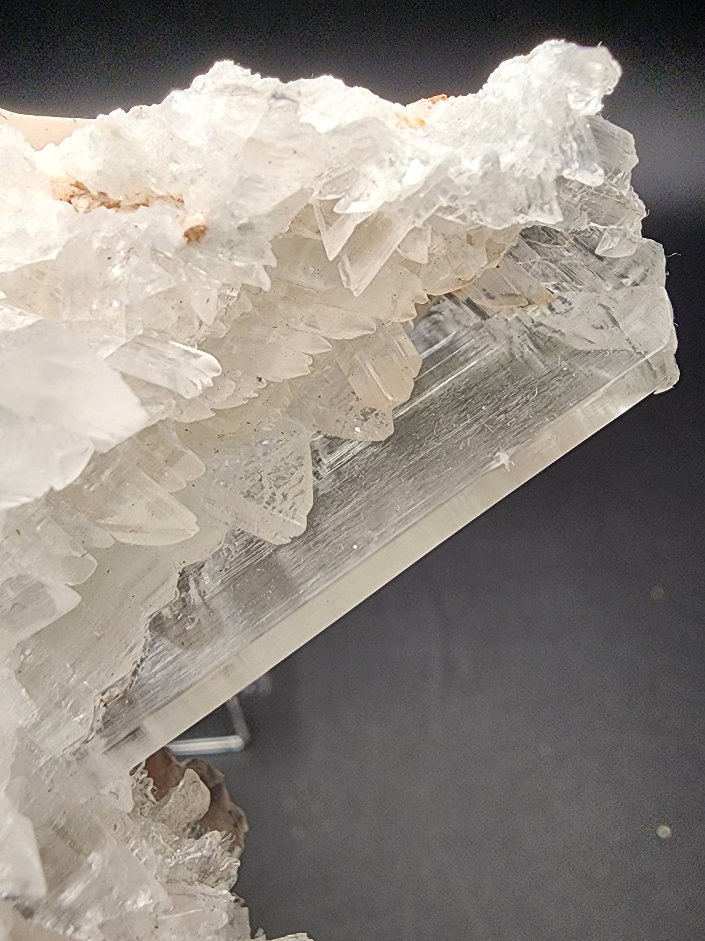 Close-up photograph of a cluster of translucent, crystalline mineral formations with jagged edges and a large, clear Selenite - Naica Mine crystal extending from the main cluster. The dark background highlights the intricate and delicate nature of these treasures from The Crystalary, sourced from Naica, Saucillo Municipality, Chihuahua, Mexico.