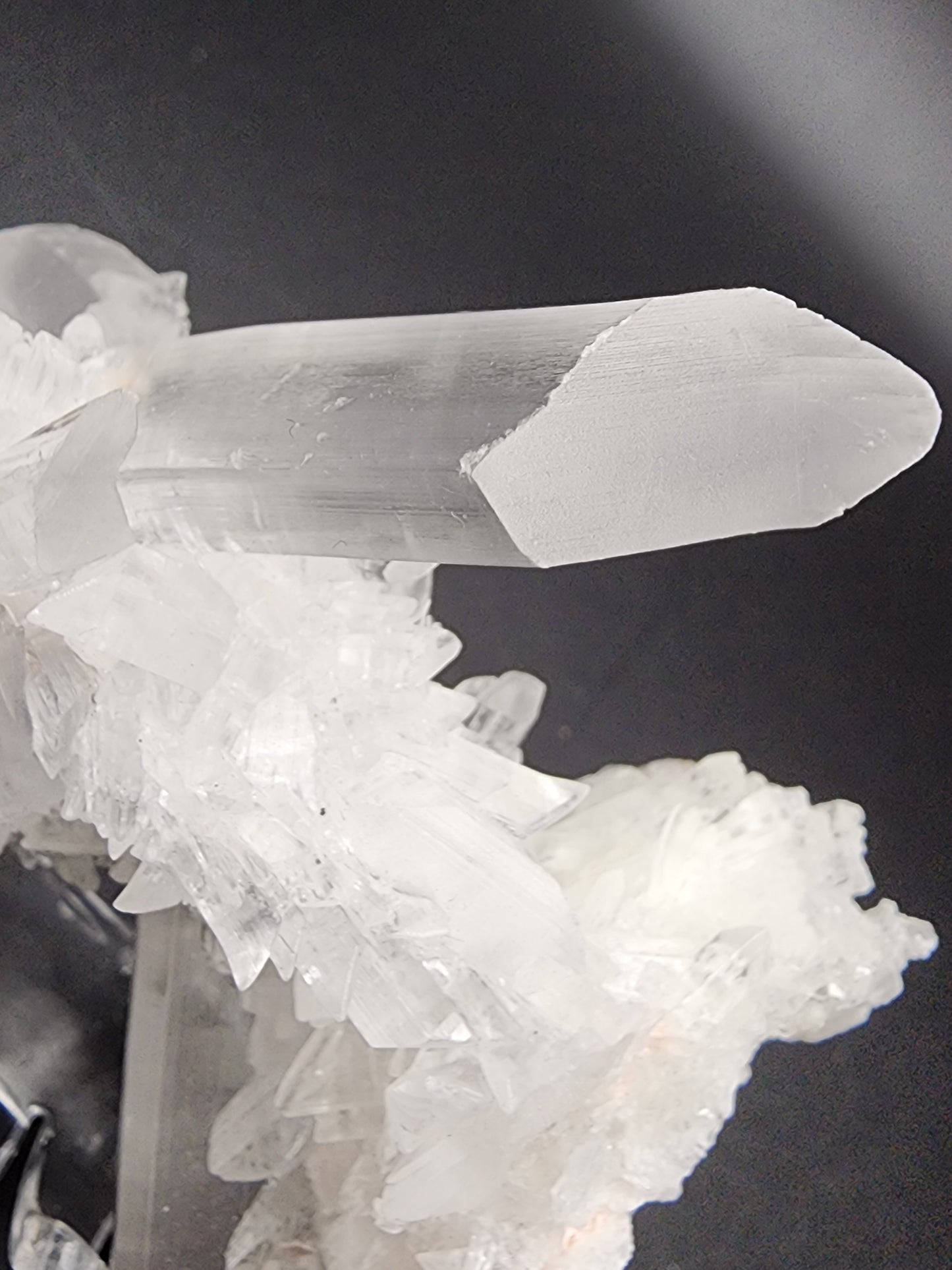 A close-up of a transparent, well-formed selenite crystal with a pointed tip, protruding from a cluster of smaller, interlocking crystals. The background is dark, accentuating the clarity and sharpness of the selenite structure found within the renowned Naica Mine. This piece is part of The Crystalary collection from Naica Mine, Naica, Saucillo Municipality, Chihuahua, Mexico.