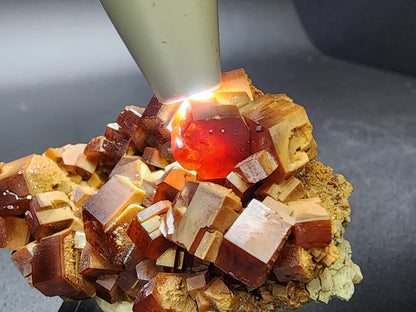 A collection of brown, cubic Vanadinite crystals from The Crystalary (sku 3076), originating from the Mibladen mining district in Morocco, sparkles under bright light, showcasing a deep red gem-like center. Against a dark background, their geometric shapes and the vivid color of the illuminated core are strikingly highlighted.