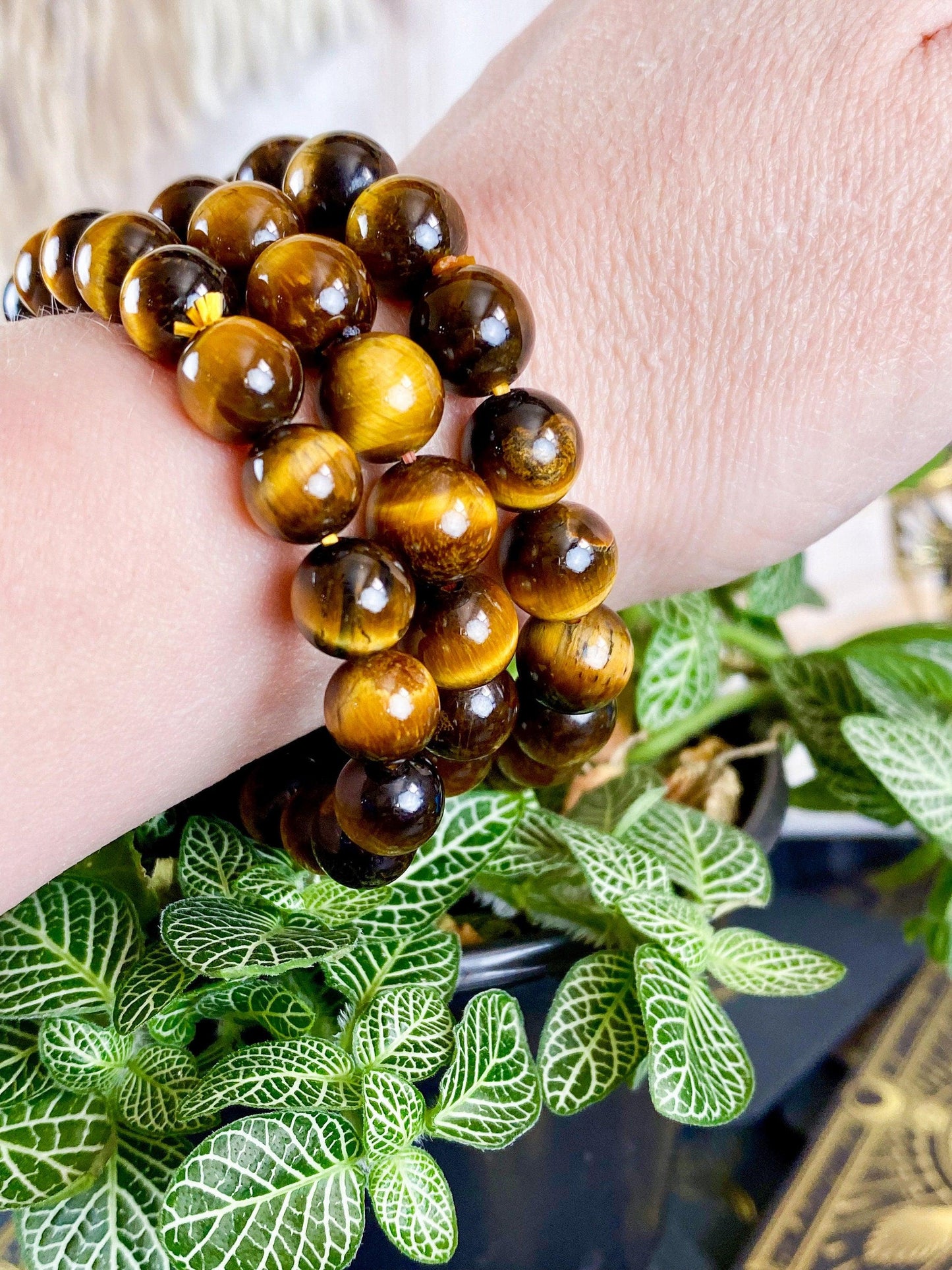 A close-up of a wrist adorned with multiple strands of The Crystalary's Tiger Eye Jewelry Crystal Bracelet above a plant with green and white patterned leaves. The natural light enhances the golden-brown hues of the beaded crystal bracelet, emphasizing its natural beauty.