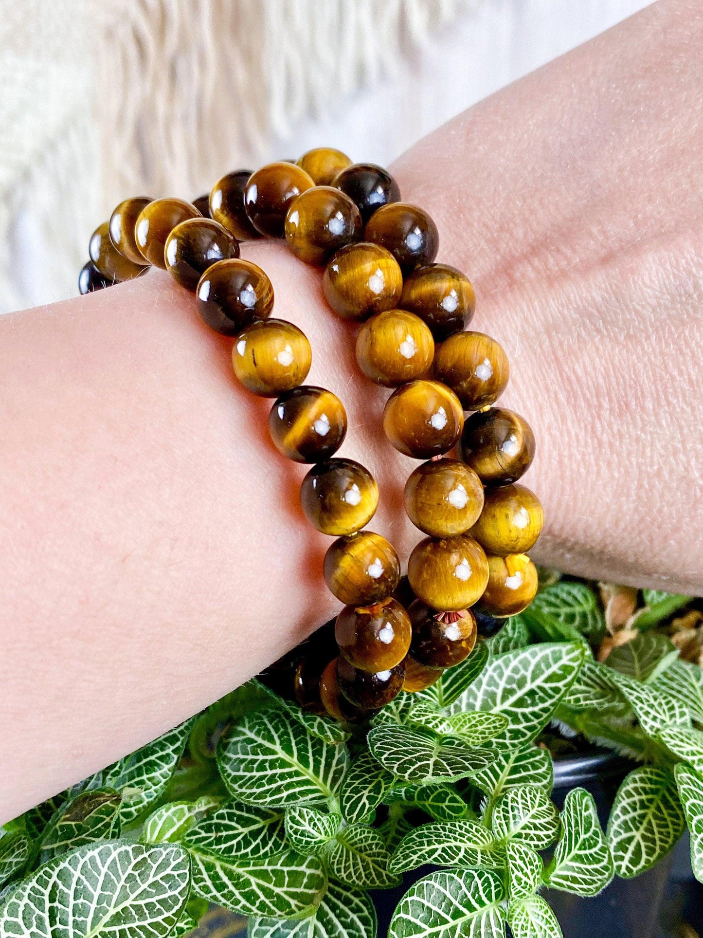 A close-up image showcases a wrist adorned with two Tiger Eye Jewelry Crystal Bracelets from The Crystalary, featuring smooth, round tiger's eye beads in rich shades of brown and gold. The wrist rests on a bed of vibrant green plants with textured leaves, while a beige fringe fabric subtly visible in the background enhances the natural setting.