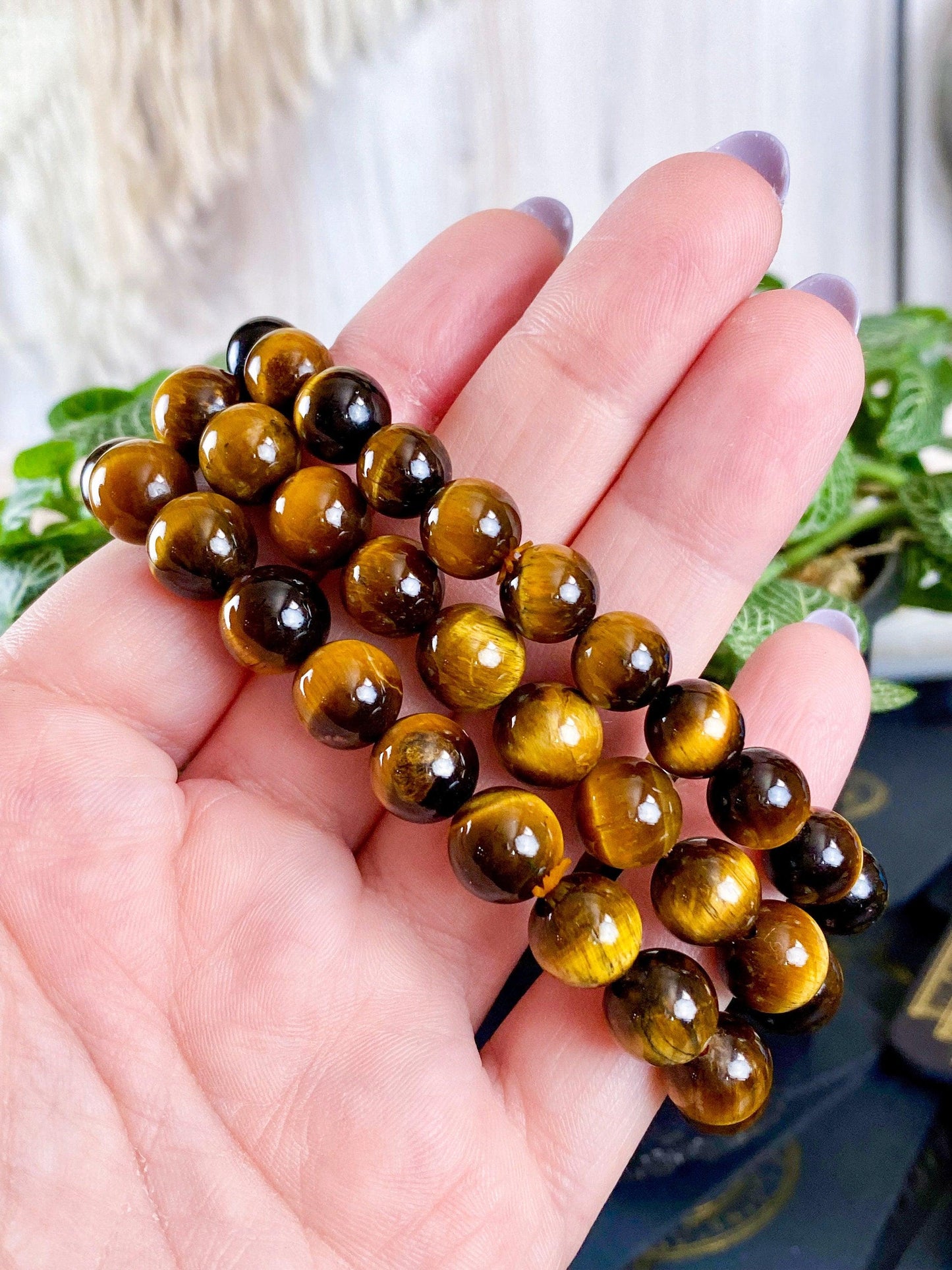 A hand holds two Tiger Eye Jewelry Crystal Bracelets, crafted with polished tiger's eye beads by The Crystalary. These natural, round beads showcase rich bands of gold, brown, and black hues that are characteristic of tiger's eye jewelry. The background features blurred greenery and a portion of a white textured surface.